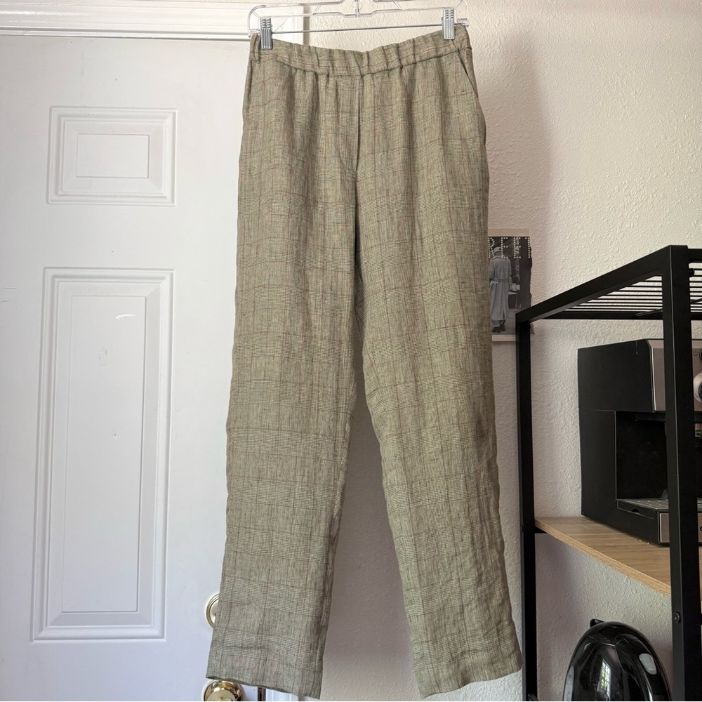 DIEGA tan linen houndstooth plaid check straight leg cropped pants